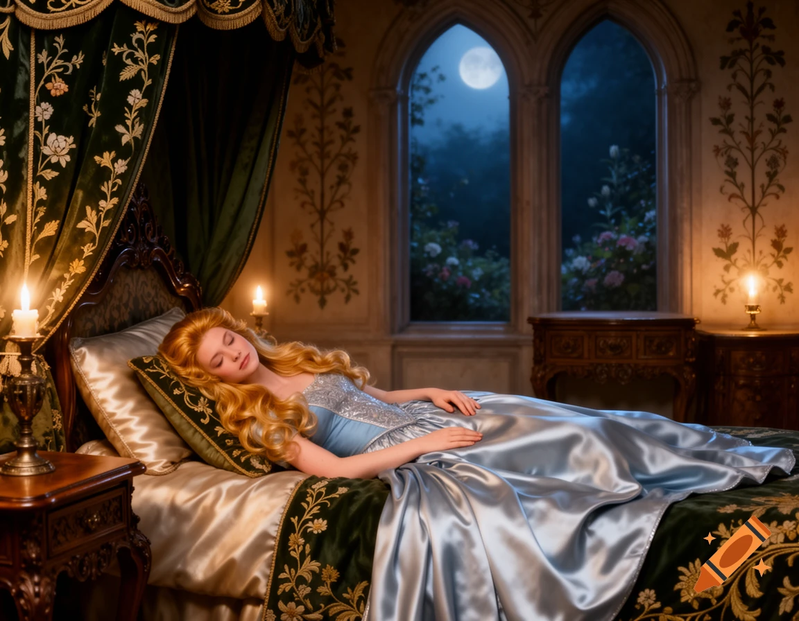 Sleeping Beauty with long blonde hair lies peacefully in an ornate canopy bed, illuminated by moonlight through arched windows.