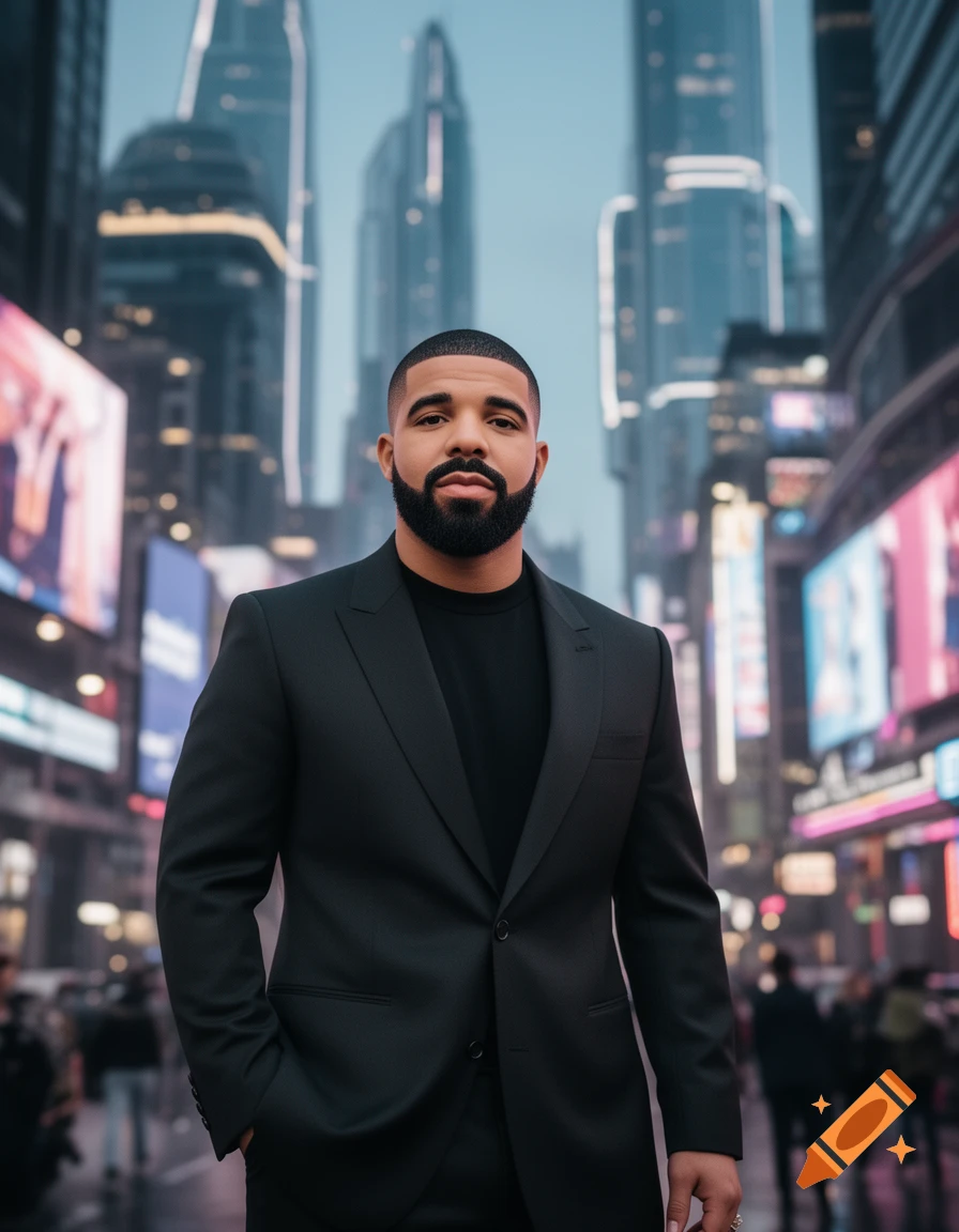 A photorealistic portrait of Drake, a man with a beard, in a black suit and shirt, standing in a bustling city street with skyscrapers and illuminated signs in the background.