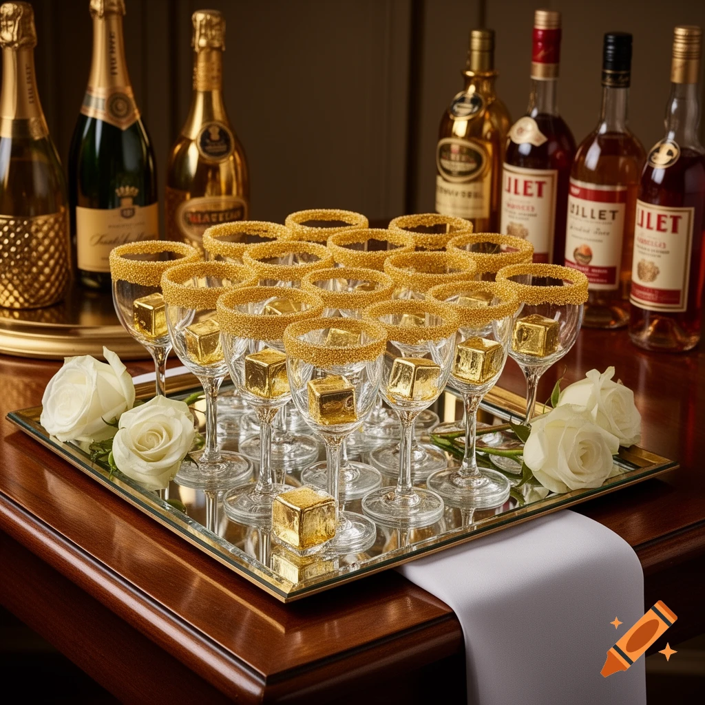 Elegant arrangement of gold-rimmed glasses with gold ice cubes, white roses, and bottles of champagne and liqueur on a mirrored tray.