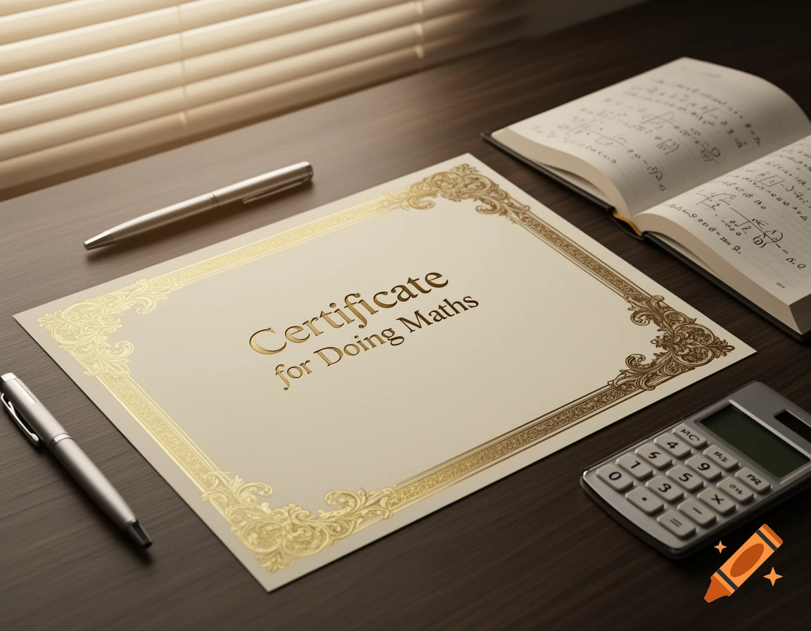 A photorealistic image of a "Certificate for Doing Maths" on a wooden desk, surrounded by two silver pens, an open book with equations, and a calculator.
