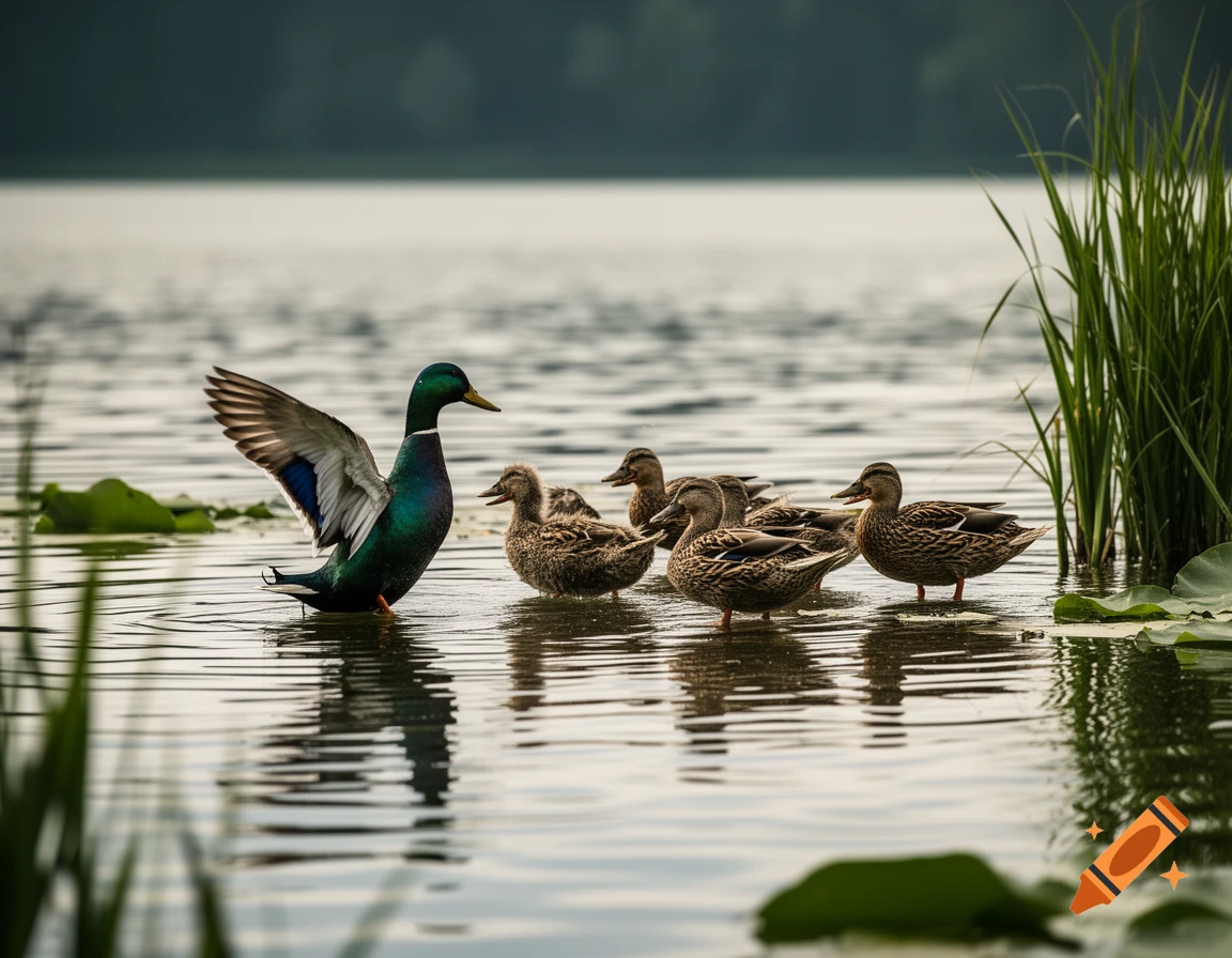 A male mallard duck spreads its wings in a pond with several female ducks, lily pads, and tall grass in a photorealistic style.