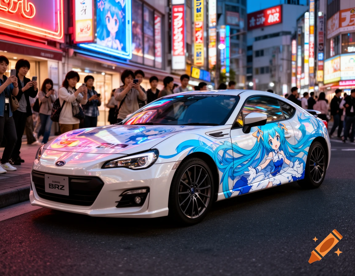 A white Subaru BRZ car with blue and white anime character decals of Hatsune Miku, parked on a city street at dusk, surrounded by people and neon signs in a photorealistic style.