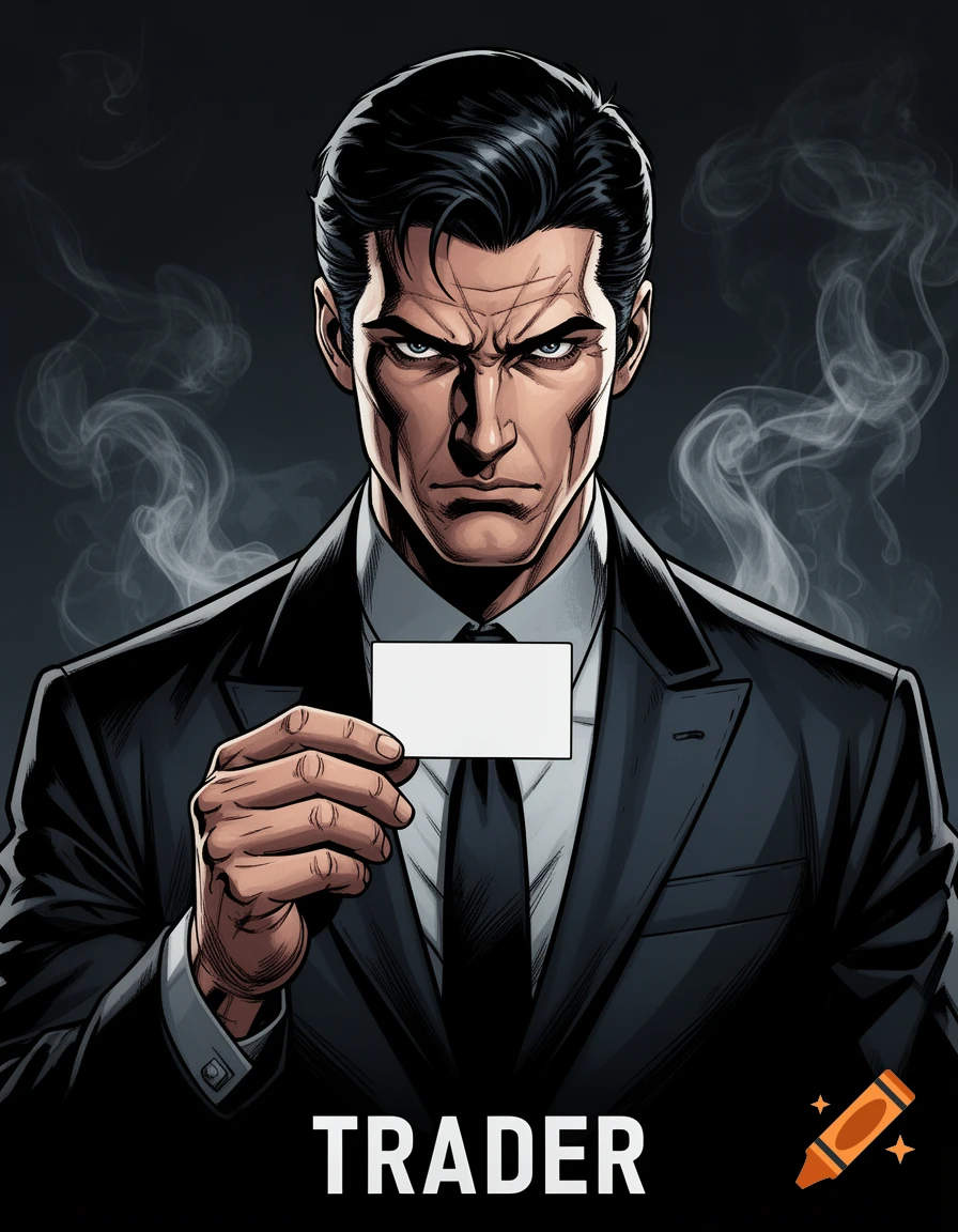 A stern man in a dark business suit, in comic style, holds a white card with text 'TRADER' below, against a smoky background.