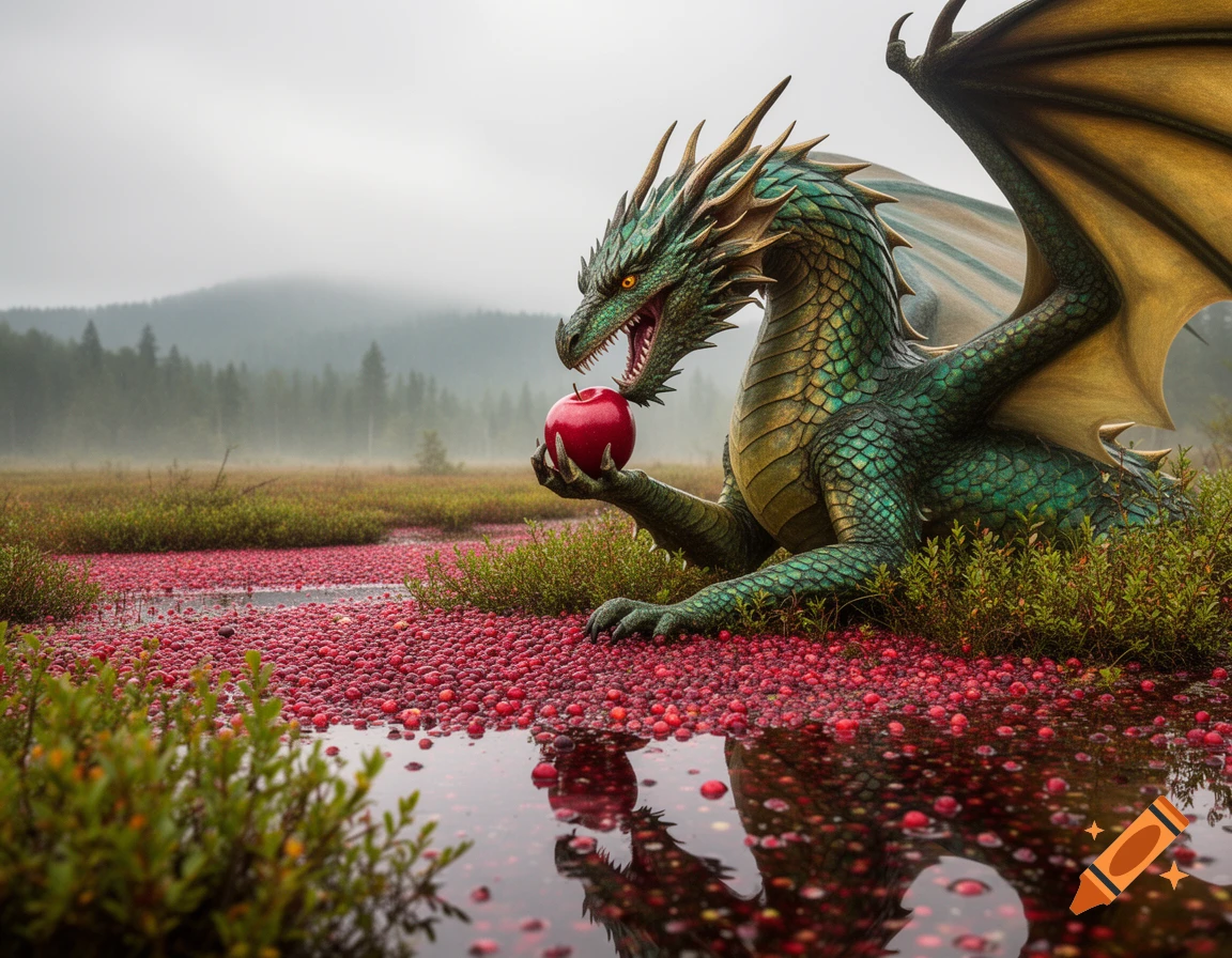 A majestic green and gold dragon holds a bright red apple in a vast, misty cranberry bog with reflections.