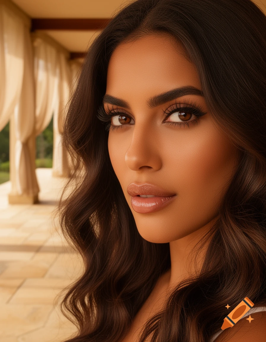 Close-up photorealistic portrait of a beautiful brunette Latina woman with dark wavy hair looking at the viewer, under a canopy.