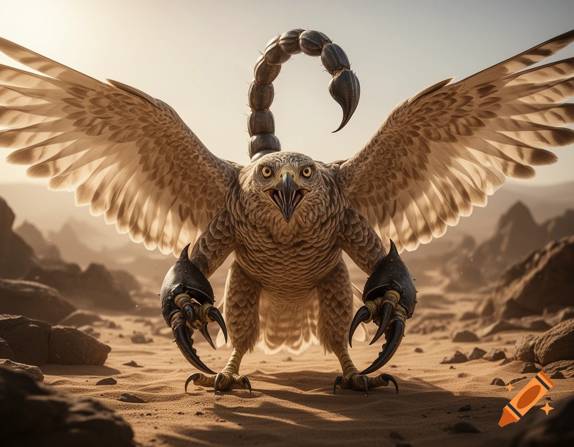 A photorealistic, fierce hawk-scorpion hybrid creature stands aggressively with wings spread in a sandy desert.