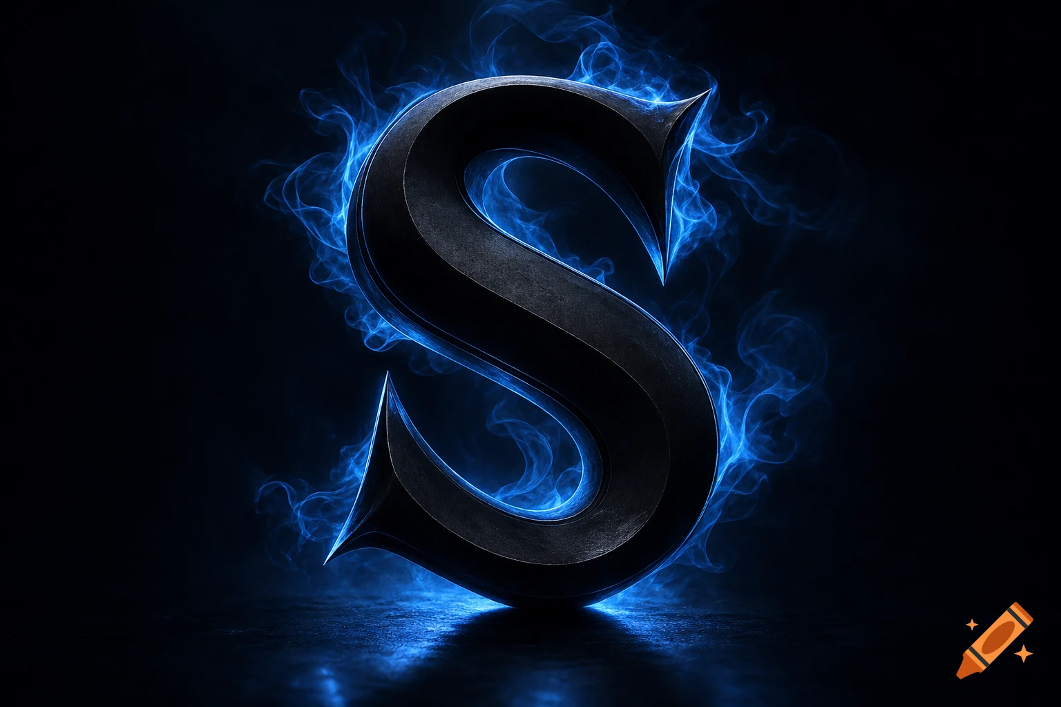 A dark matte black uppercase letter 'S' with a clean texture, engulfed in thin blue smoke and glowing light against a dark background.