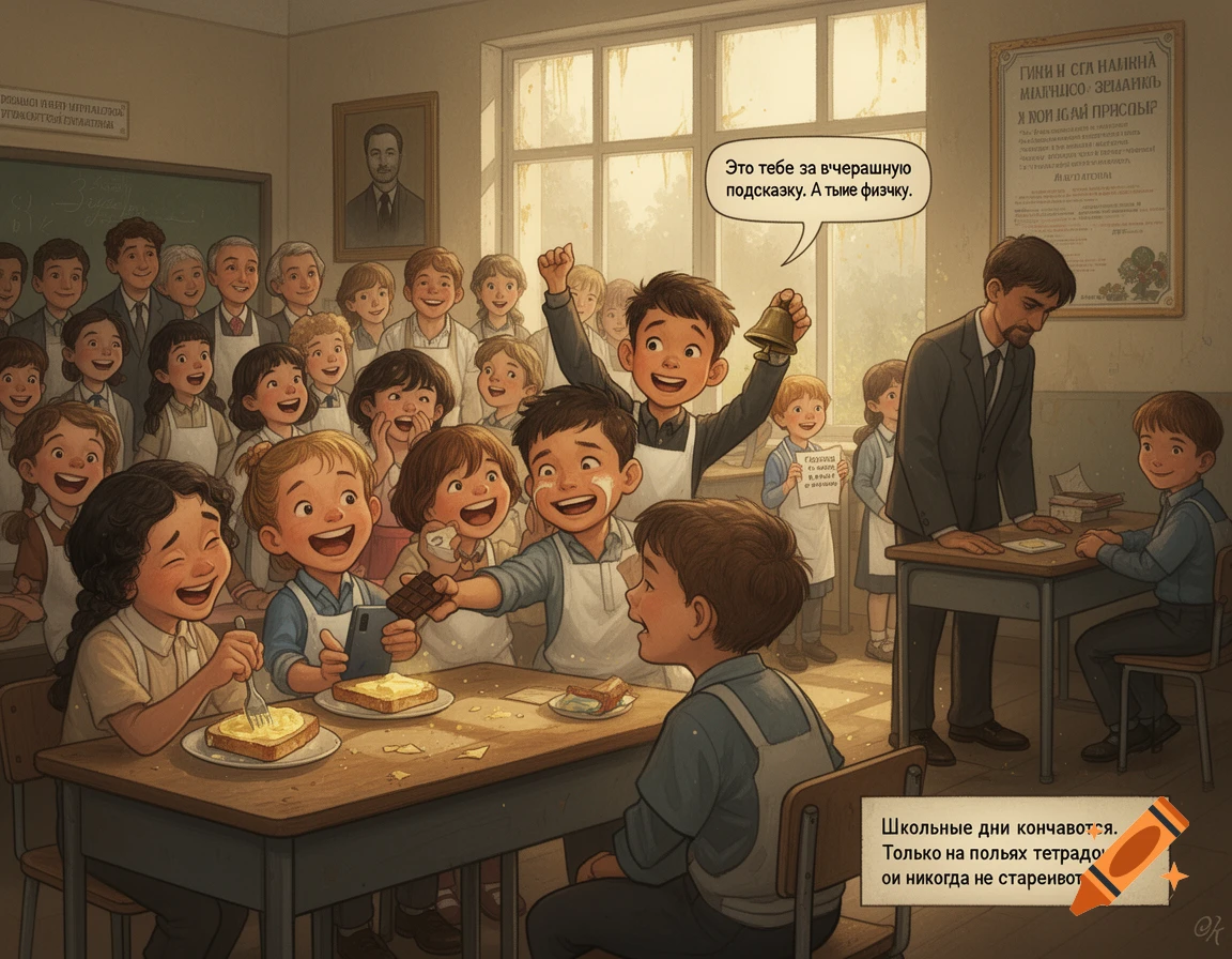 A lively classroom scene with many smiling children in aprons. One boy rings a bell, another offers chocolate, and a girl eats toast at a desk, all while a teacher stands by a desk. The scene has a warm, vintage illustration style.