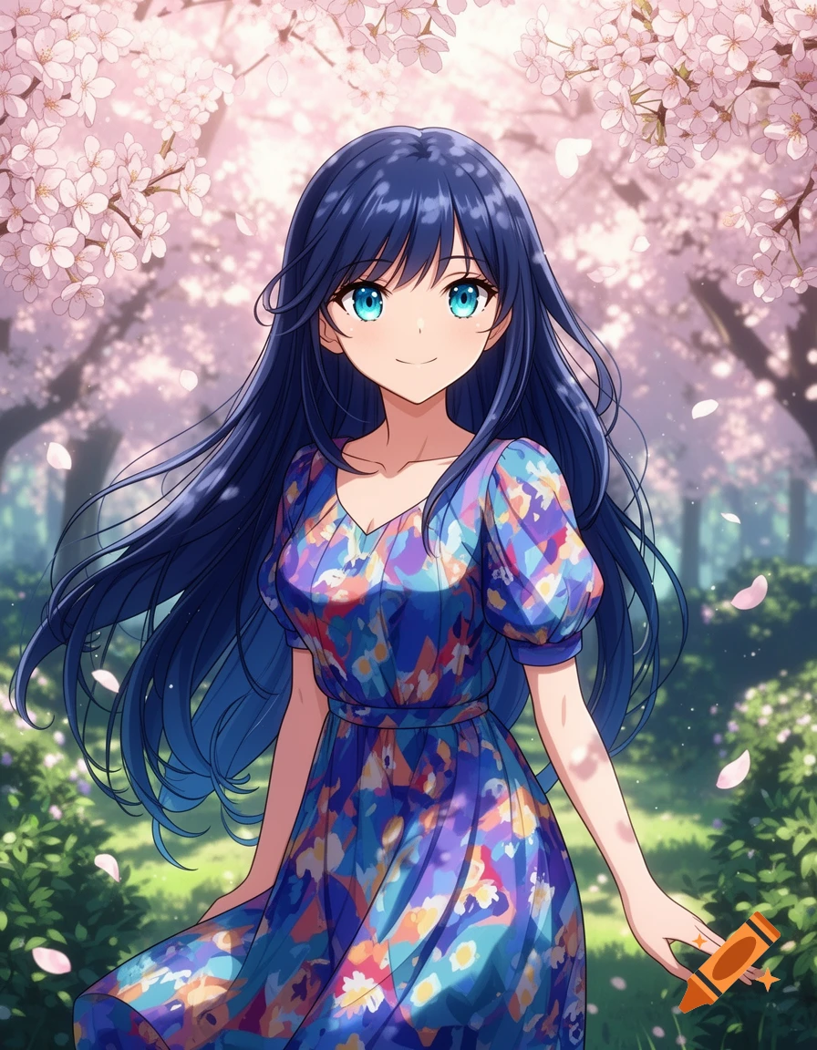 Anime girl with long blue hair and blue eyes in a colorful dress smiles in a cherry blossom park.