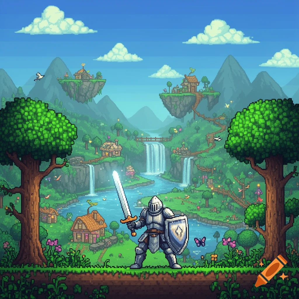 Pixel art of a knight with a sword and shield in a vibrant fantasy landscape featuring floating islands, waterfalls, and houses.