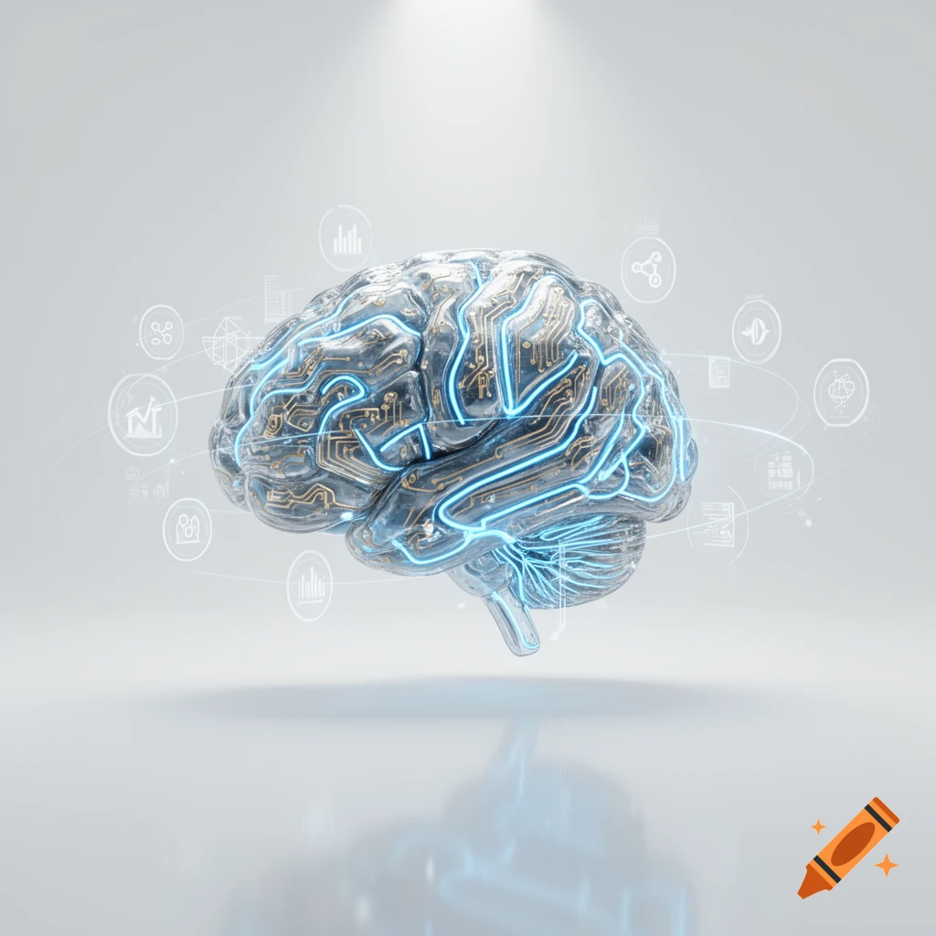 A futuristic 3D rendered brain made of metallic circuits with glowing blue lines, surrounded by abstract data icons on a white background.