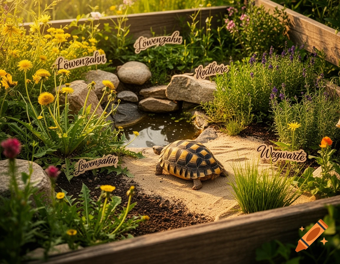 A Greek tortoise in a sunny enclosure with sand, a pond, rocks, and labeled plants, photorealistic.