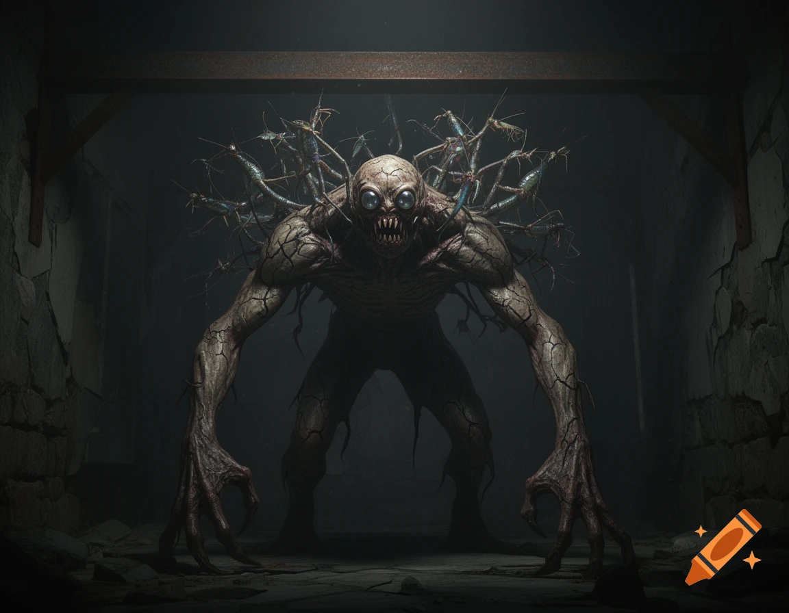 A grotesque, pale monster with large, bulging eyes, sharp teeth, and insect-like appendages on its back, stands menacingly in a dark, crumbling corridor.