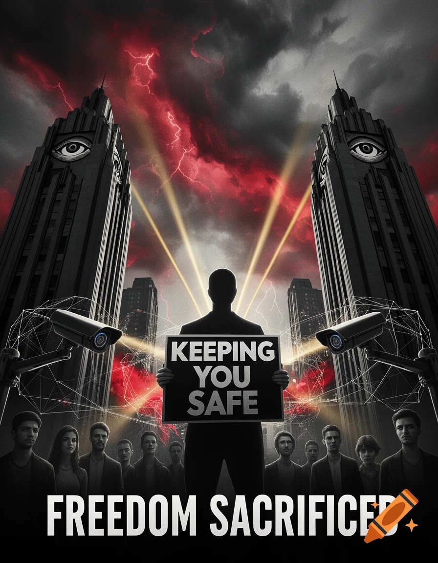 A dark propaganda poster shows a silhouette holding a sign "KEEPING YOU SAFE" in front of a crowd. Two buildings with 'all-seeing eyes' and security cameras flank the scene, with red lightning in the sky. Text at the bottom reads "FREEDOM SACRIFICED".
