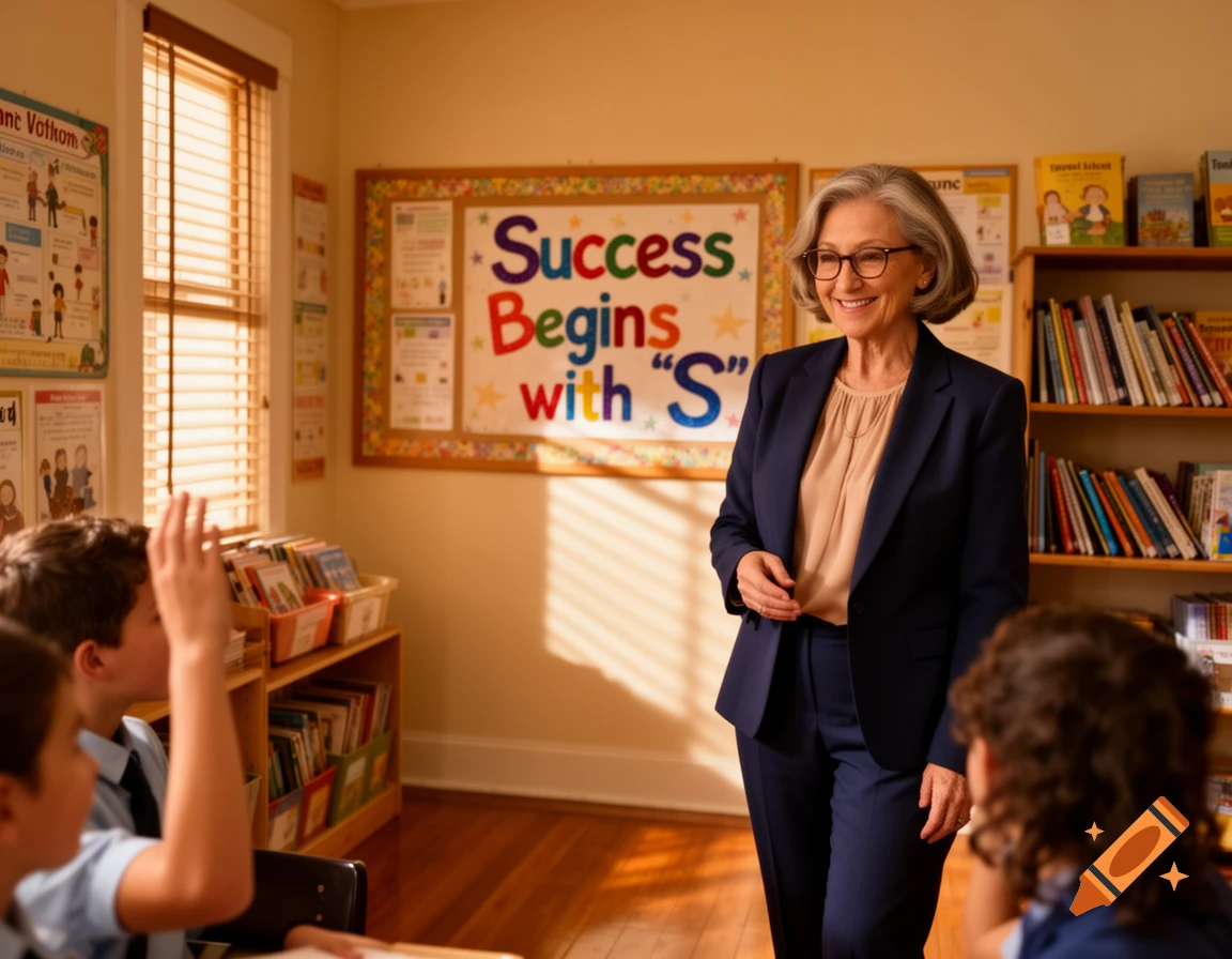 A smiling female teacher stands in a sunlit classroom while students raise their hands.