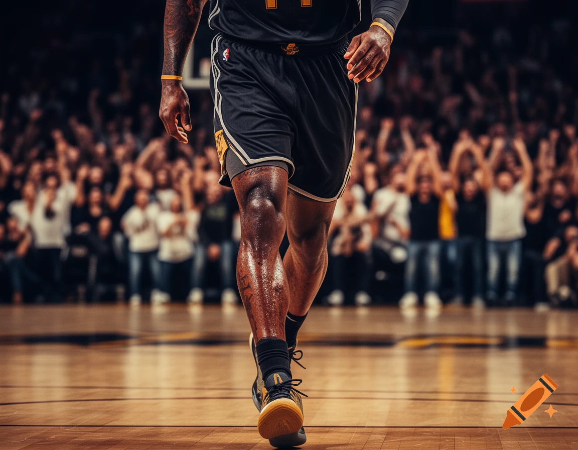 A close-up, low-angle shot of a muscular basketball player's legs and torso as he walks on the court, with a blurred cheering crowd in the background.