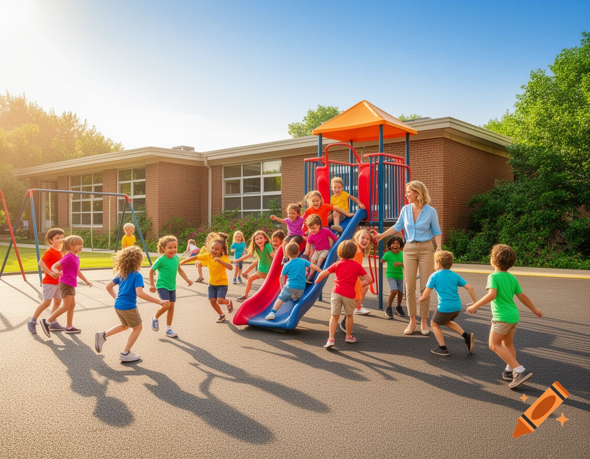 Children and a teacher play on a sunny outdoor playground with a slide and swings in front of a school building.