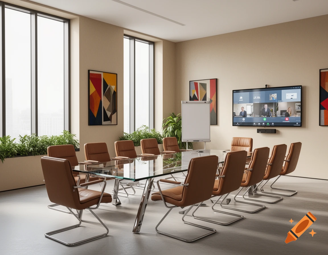 A modern, minimalist meeting room with a large glass table, several brown leather chairs, tall windows, and a wall-mounted TV displaying a video conference.