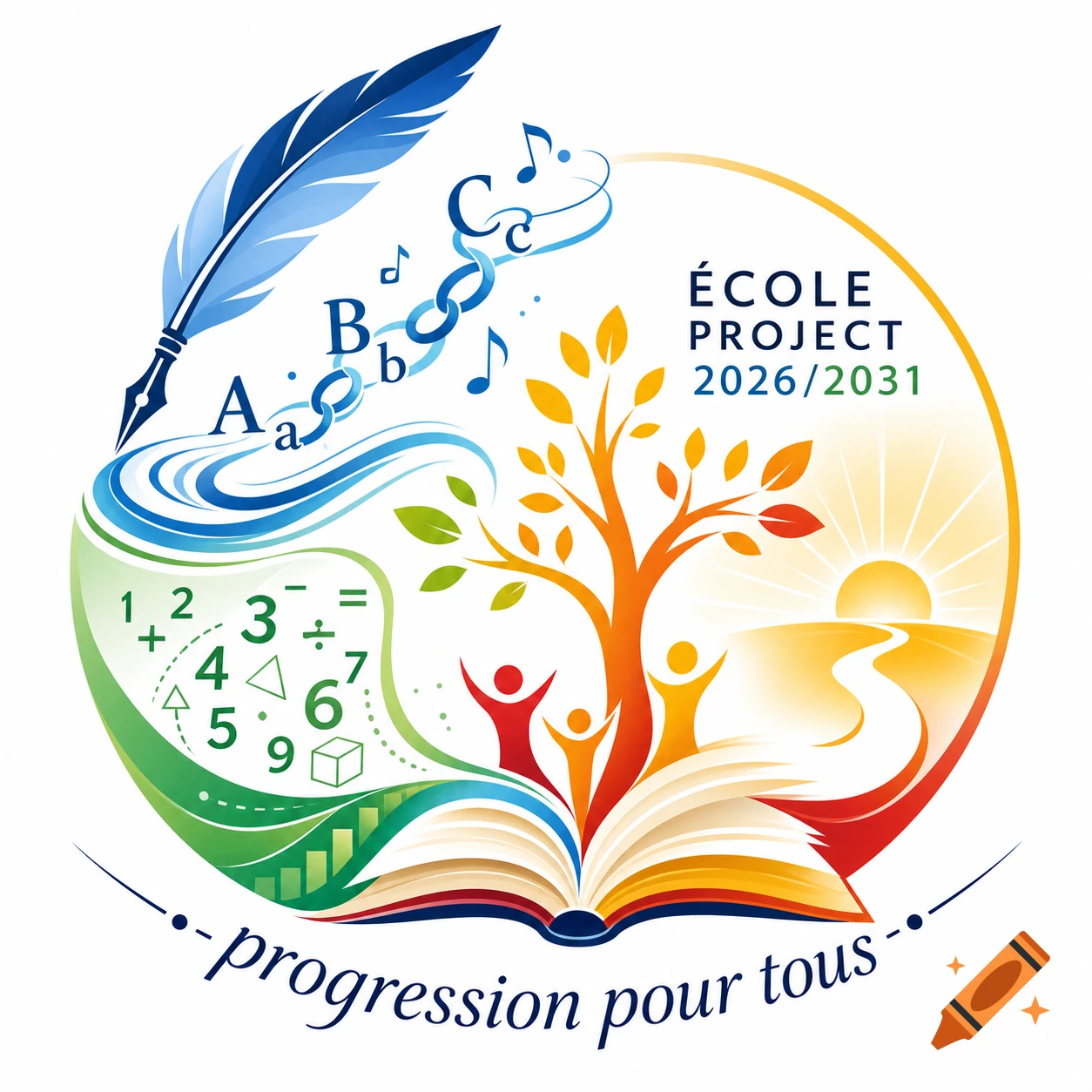 A vibrant logo depicting a blue quill, musical notes, alphabet letters, numbers and math symbols, an open book, a tree with colorful leaves, a sunrise over a path, and stylized human figures, encircled by text 'ÉCOLE PROJECT 2026/2031' and '- progression pour tous -' on a white background.