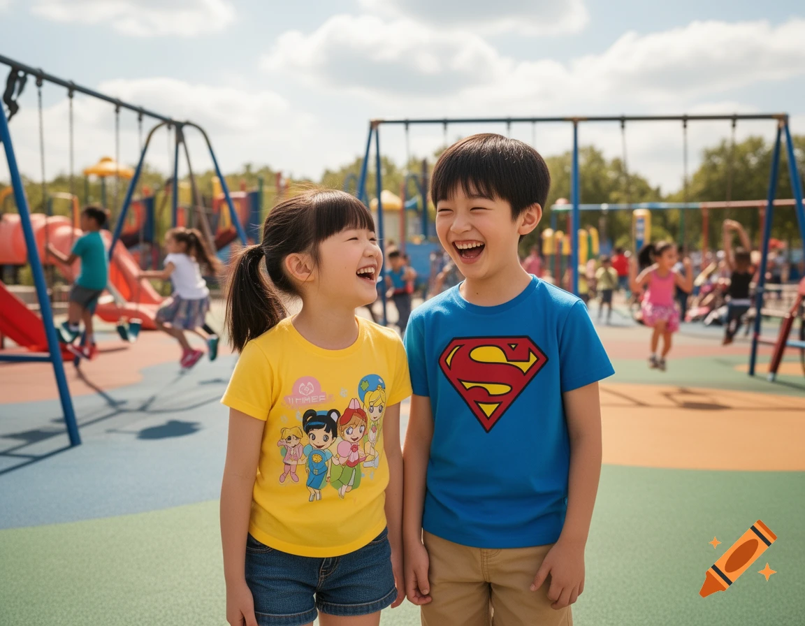 Two smiling children, a girl in yellow and a boy in blue with a Superman logo, laugh in a vibrant playground.