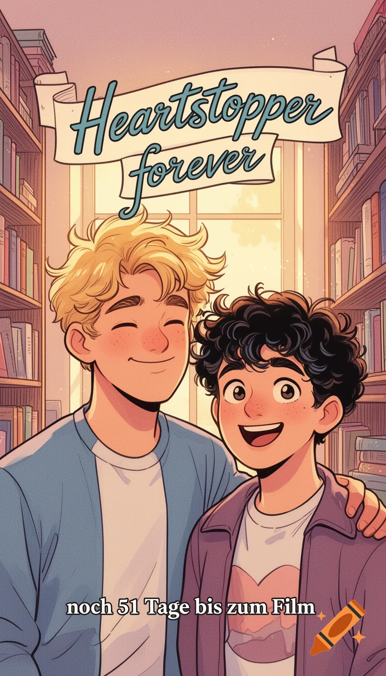 Comic art of Nick and Charlie from Heartstopper, smiling in a library. Text: 'Heartstopper forever' and 'noch 51 Tage bis zum Film'.