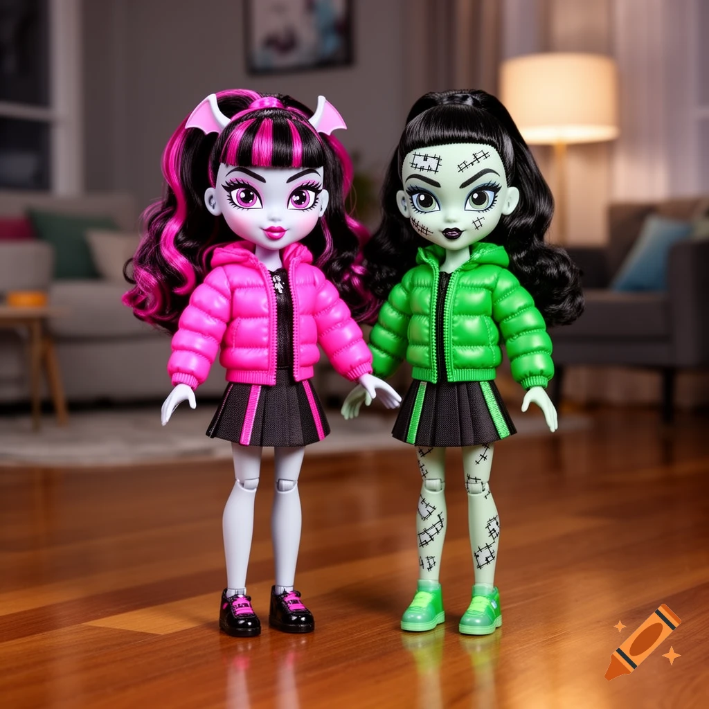 Two Monster High-style dolls, one in a pink puffer jacket and one in a green puffer jacket, stand on a wooden floor in a living room.