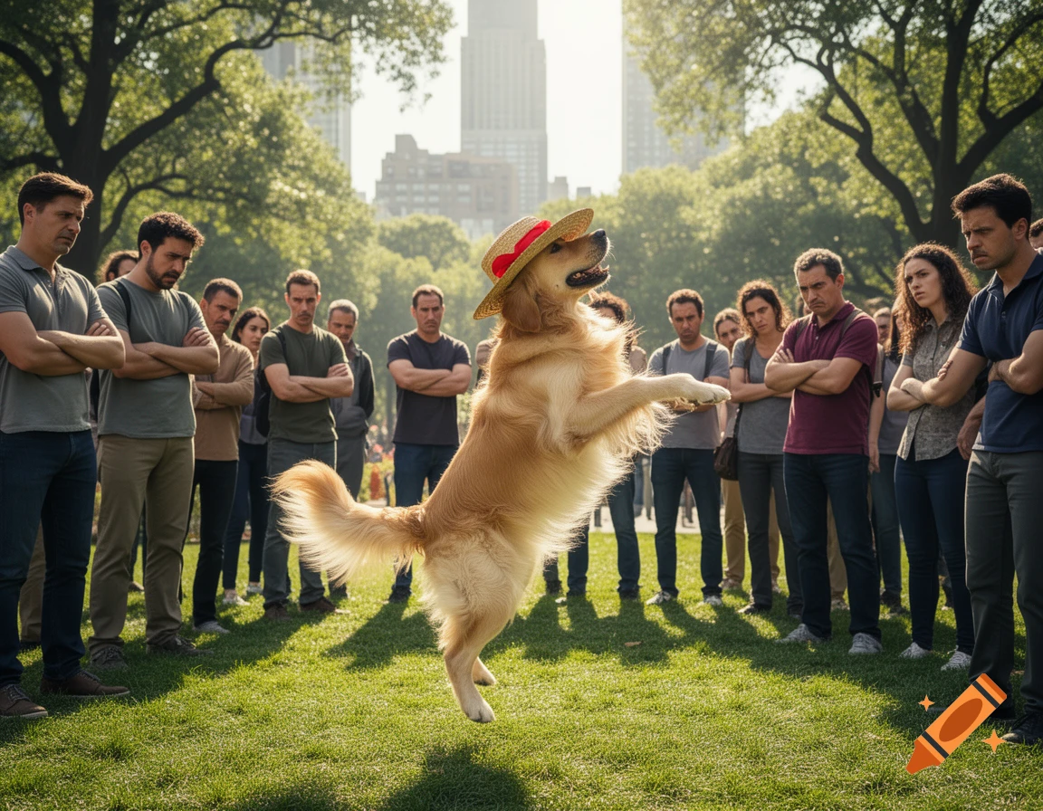A golden retriever wearing a straw hat stands on its hind legs, as if dancing, surrounded by a crowd of angry people in a sunny park.