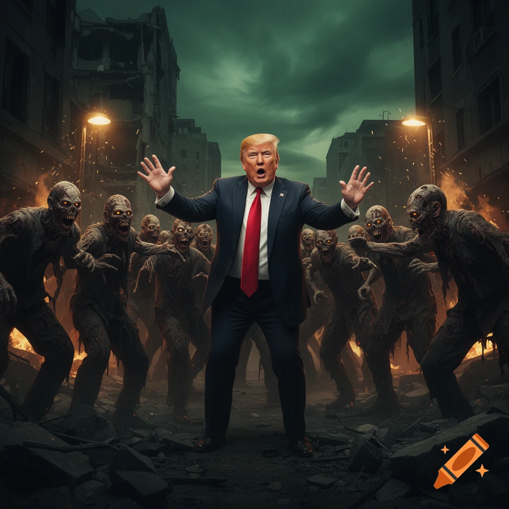 Donald Trump looks surprised, standing with hands raised amidst a horde of zombies in a ruined city under a stormy green sky with fires.