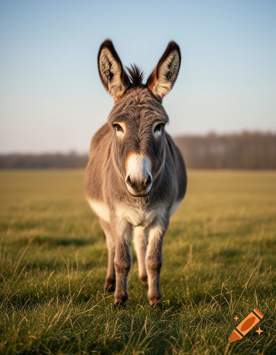 A close-up, front-facing view of a donkey with brown-grey fur and white muzzle standing in a green field.