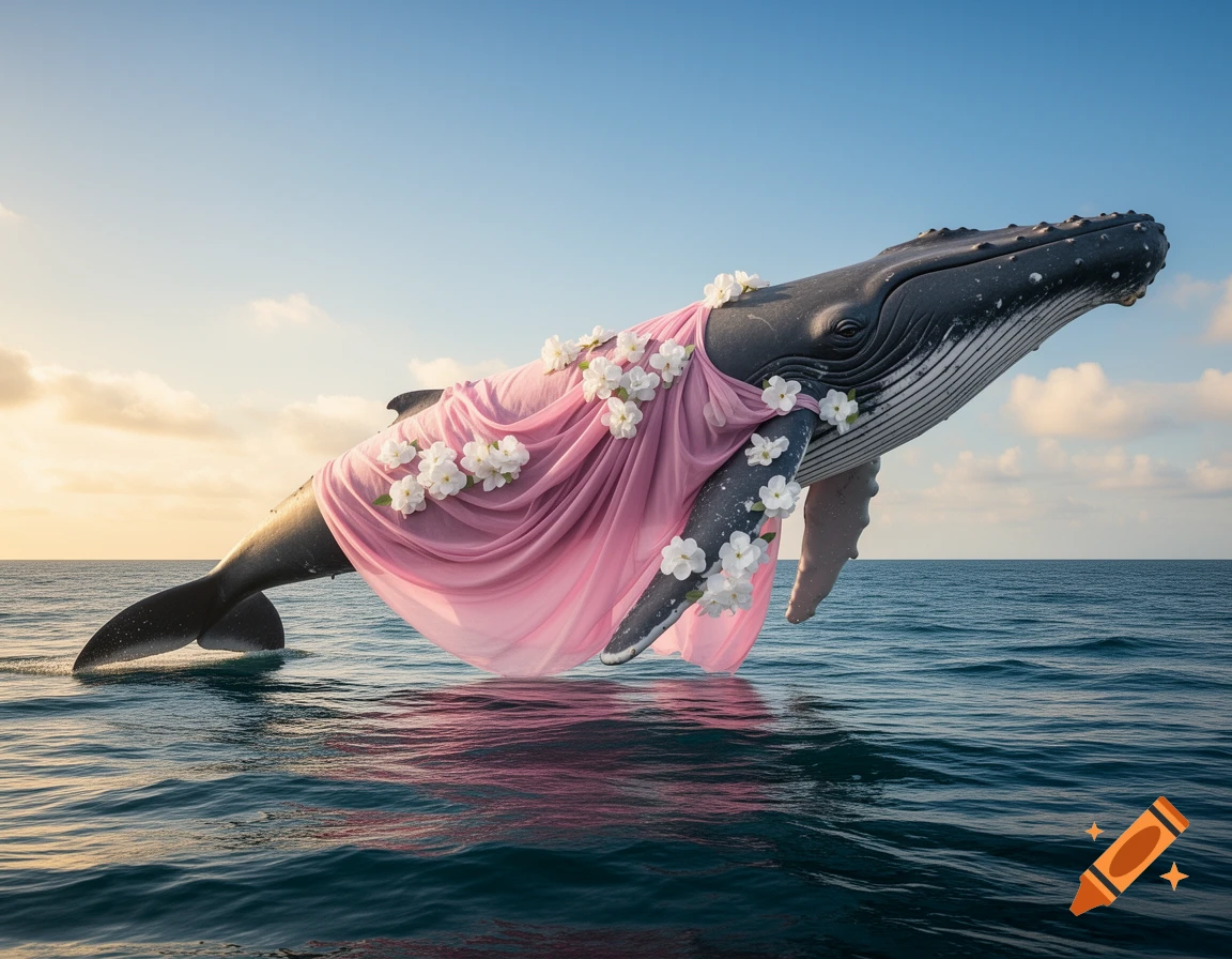 A humpback whale, adorned in a pink dress with white flowers, leaps majestically from the ocean against a sunset sky.