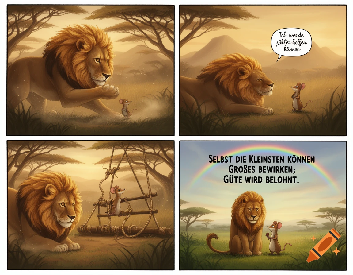 A four-panel comic illustrating the fable of the Lion and the Mouse, showing the lion and mouse interacting in an African savanna landscape.
