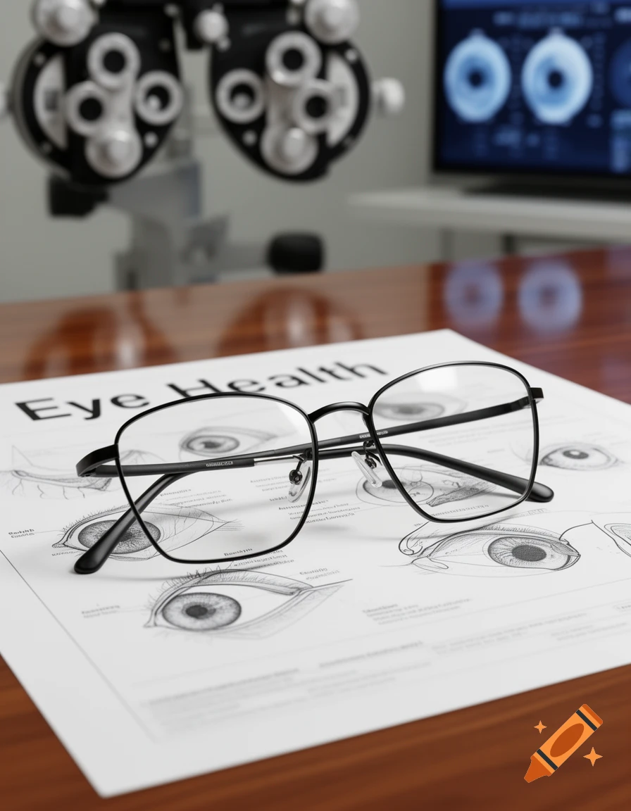 Black-rimmed eyeglasses rest on a document titled 'Eye Health' with eye diagrams, in an optometrist's office with a phoropter and monitor in the background.