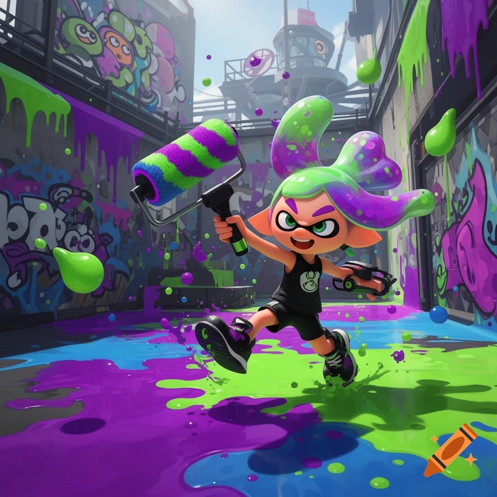A cheerful Splatoon Inkling character holding a paint roller, running through an urban area splattered with vibrant green and purple ink.