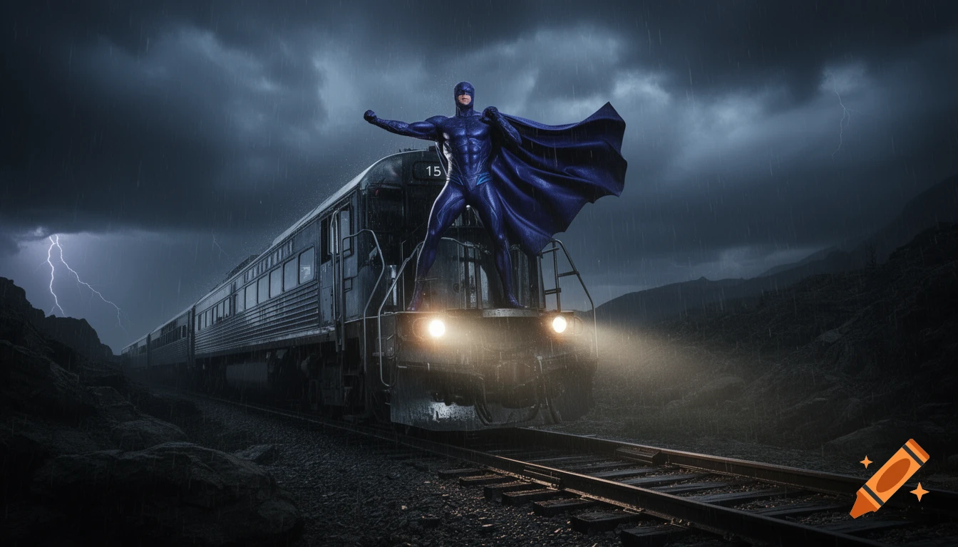 A muscular superhero in a blue suit and cape stands heroically on the front of a moving train during a stormy, lightning-filled night.