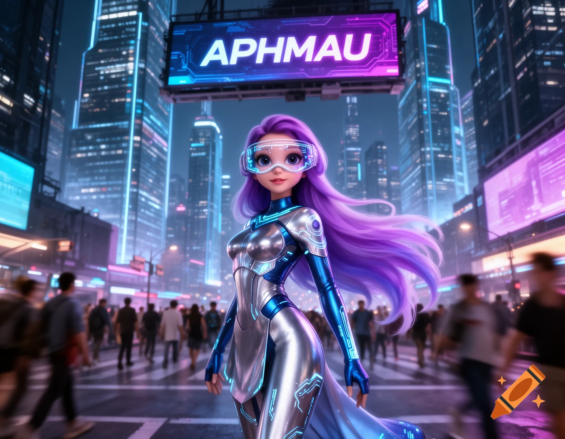Stylized character with purple hair and futuristic suit stands on a busy street in a neon-lit cyberpunk city under a sign saying APHMAU.