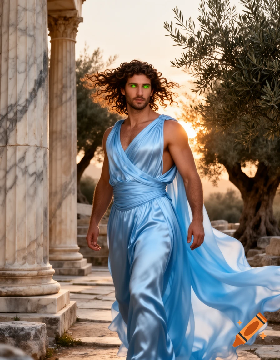 A man with vibrant green eyes and curly brown hair in a flowing light blue dress walks among ancient Greek ruins at sunset.
