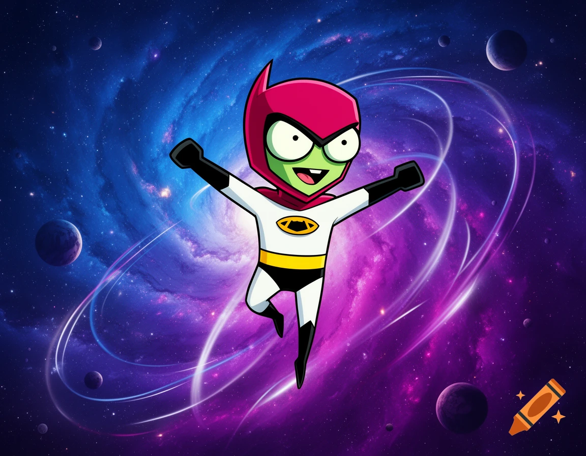 Invader Zim in a Space Ghost costume flying with arms outstretched through a vibrant purple and blue galaxy with planets.