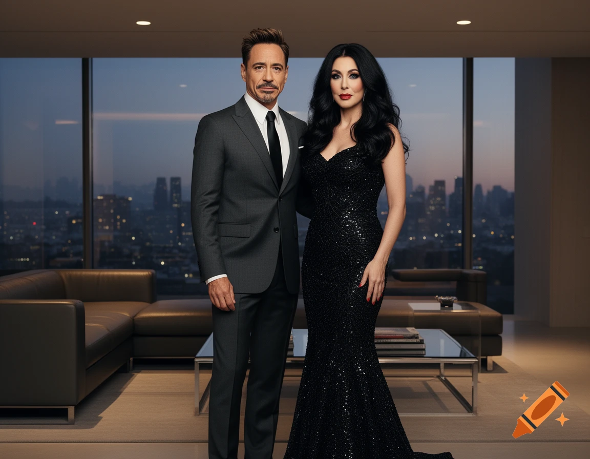 A man resembling Robert Downey Jr. in a grey suit stands next to a woman resembling Cher in a black sequin gown in a modern penthouse with city views at dusk.