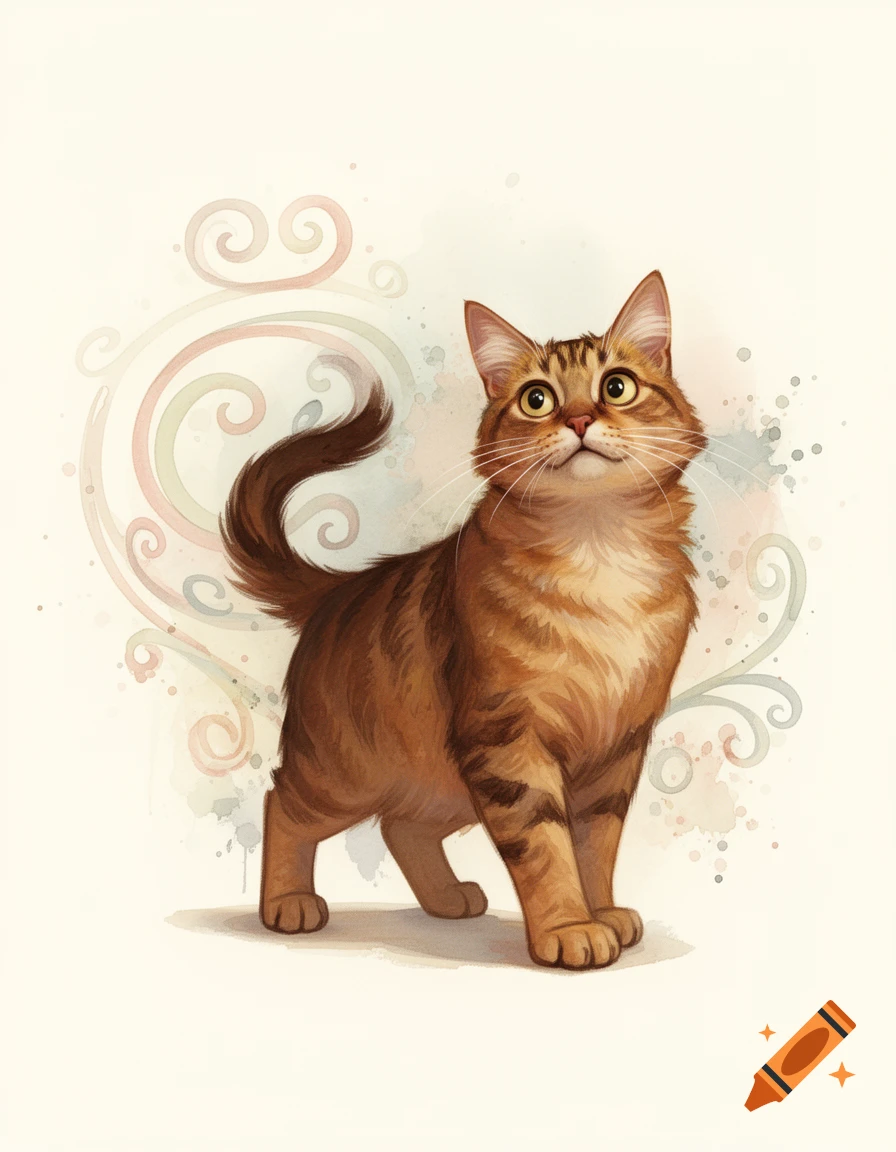 A charming watercolor illustration of a brown tabby cat with bright eyes looking upwards, surrounded by faint pastel swirls.