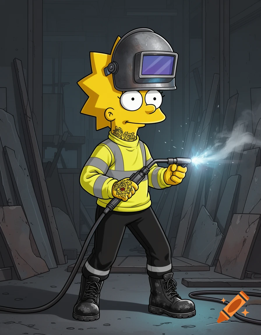 Cartoon Lisa Simpson as a welder in a hi-vis outfit, welding helmet, with neck and hand tattoos, holding a torch.