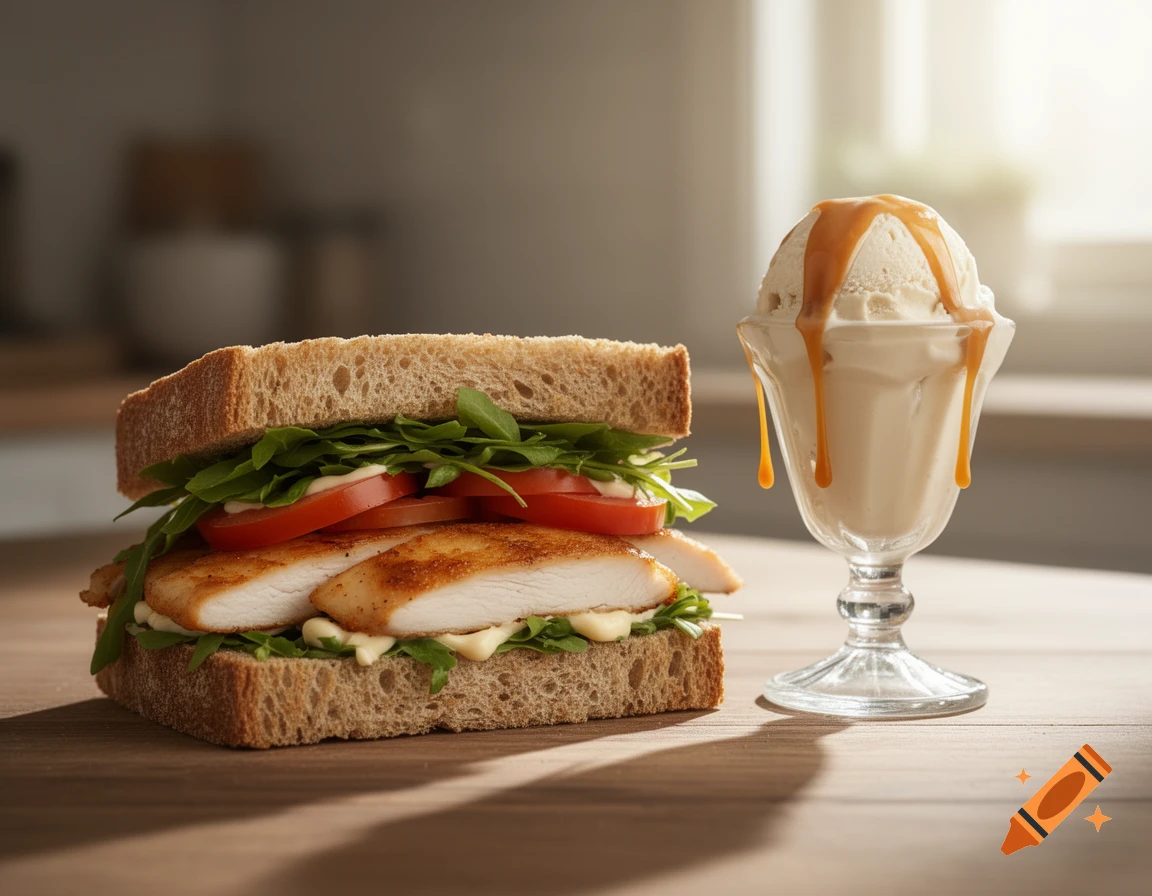 A photorealistic image of a chicken sandwich with lettuce and tomato next to a glass of vanilla ice cream with caramel drizzle on a wooden table.