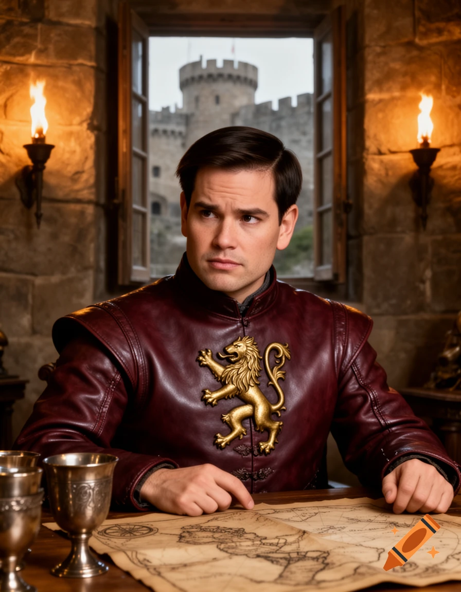 A man in a red leather tunic with a golden lion emblem sits at a table with a map in a castle room, looking out the window at a tower.