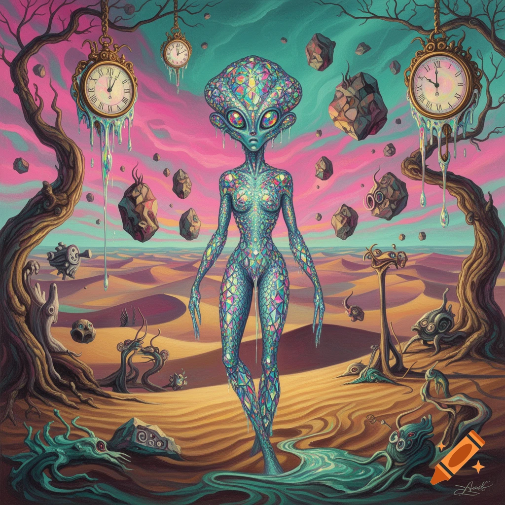 A colorful, patterned alien stands in a dreamlike desert landscape with melting clocks and floating rocks, in a surreal style.
