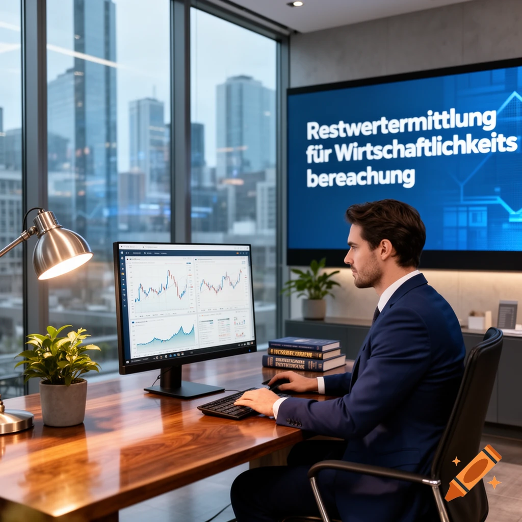 A man in a suit works on a computer with financial charts in a modern office with a city view. A large screen in the background displays German text.