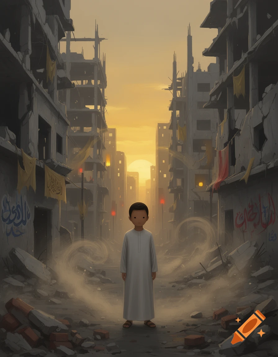 An illustration of a small child in a white robe standing amidst the rubble of a destroyed city at sunset.