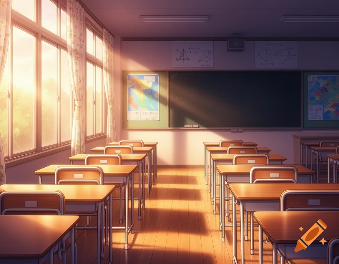 An empty anime classroom with sunlight streaming through large windows, illuminating rows of desks and chairs.