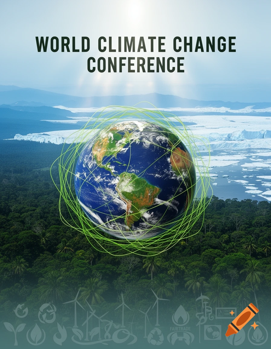 A poster for a World Climate Change Conference, featuring Earth over forests and melting ice, with environmental icons.