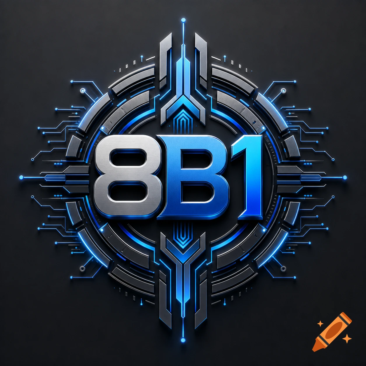 A 3D metallic and blue logo displaying "8B1" surrounded by glowing circuit patterns on a dark background.