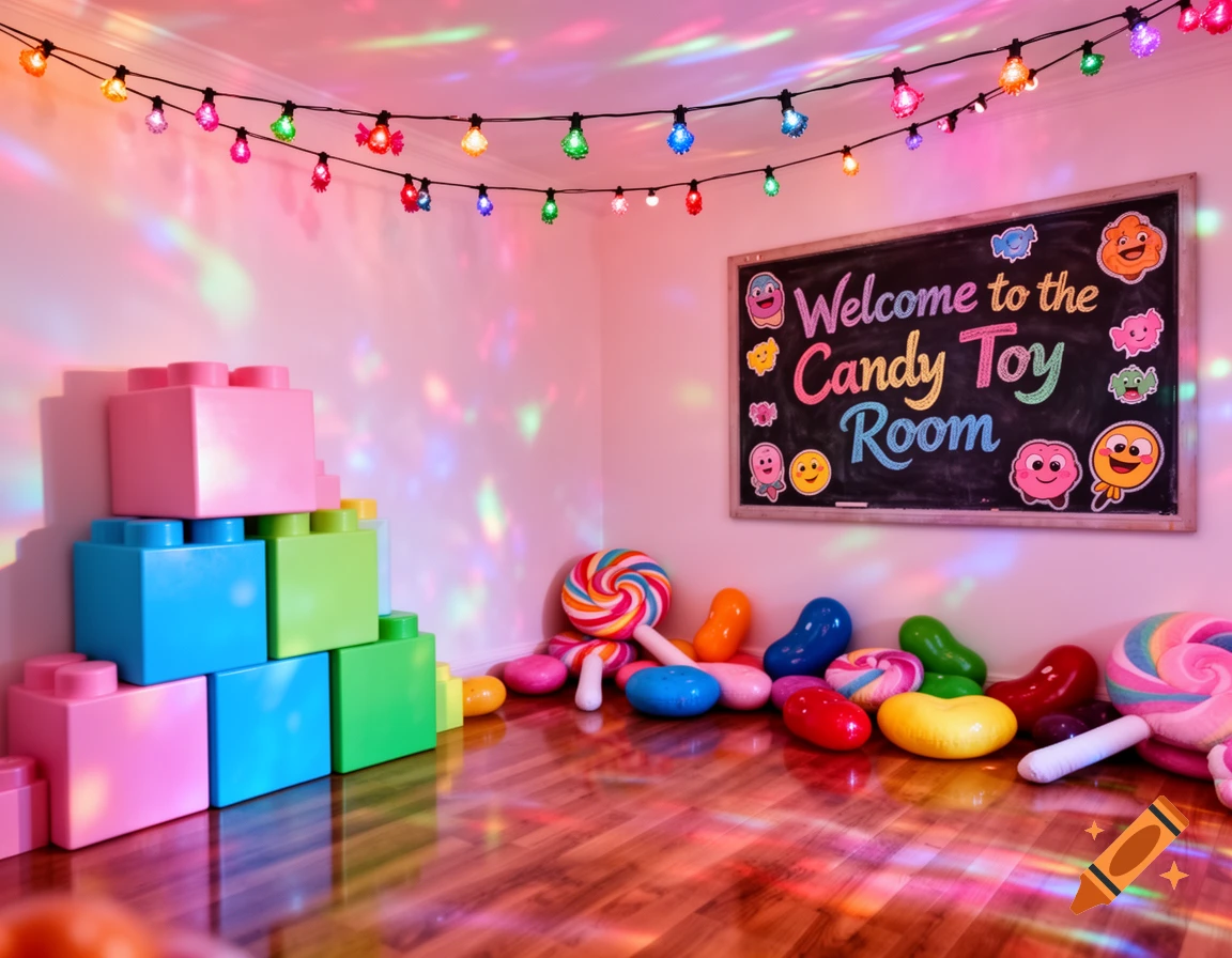 A colorful room filled with giant candy, large building blocks, and a blackboard reading 'Welcome to the Candy Toy Room,' all illuminated by string lights.