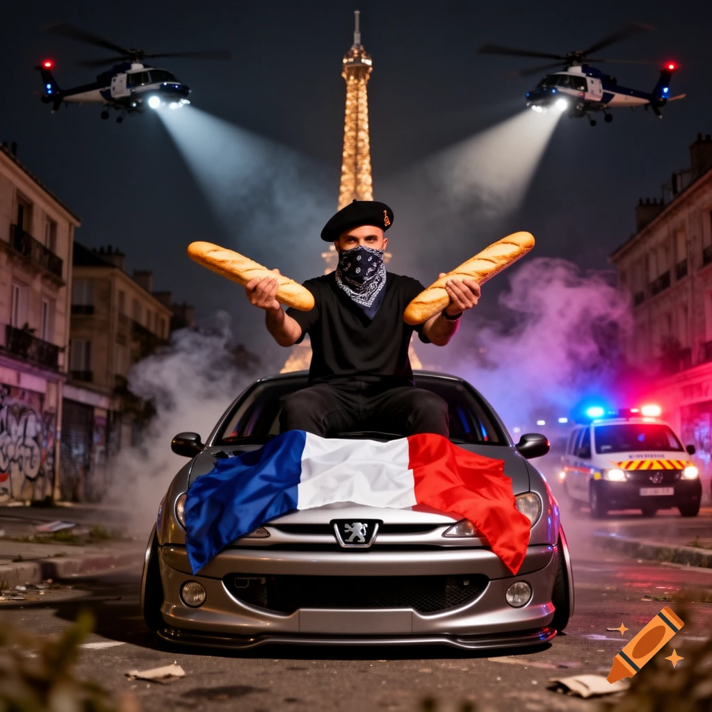 A man in a beret and bandana sits on a silver Peugeot car with a French flag, holding two baguettes like guns. The Eiffel Tower, police helicopters, and a police car are in the background on a street at night.